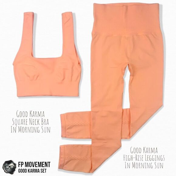FP MOVEMENT GOOD KARMA: SQUARE NECK BRA + HIGH-RISE LEGGINGS MORNING SUN PEACH - Picture 1 of 14